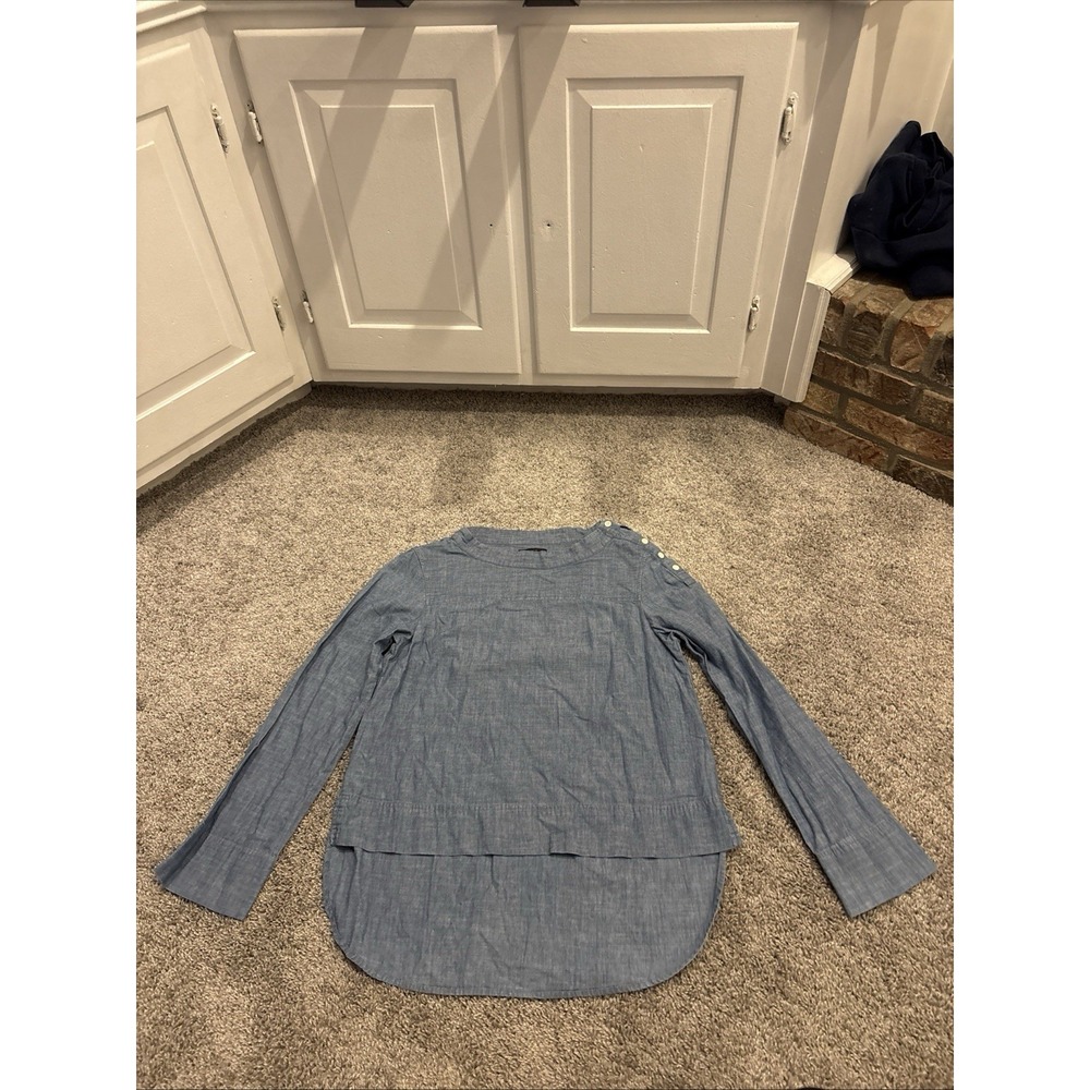 J Crew Funnelneck Shirt Womens Size 6 Blue Chambray Hi Low Hem Popover Blouse